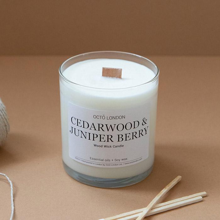 Cedarwood &amp; Juniper Berry Candle Kerzen Octo London Wood Wick 300ml - Clear Jar - Genuine Selection
