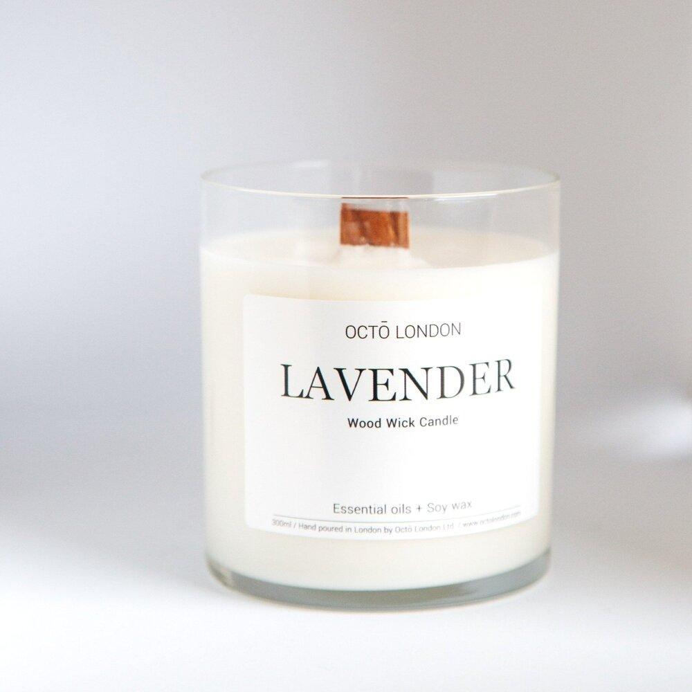 Lavender Candle Kerzen Octo London Wood Wick 300ml - Clear Jar - Genuine Selection